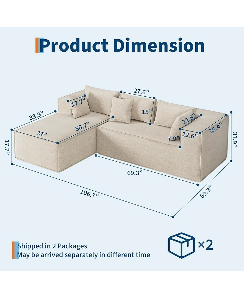 gaomon Modular Sectional Couches for Living Room, Cloud Couch with Deep Seat, 106.7 L-Shape Sofa Chaise, Upholstered