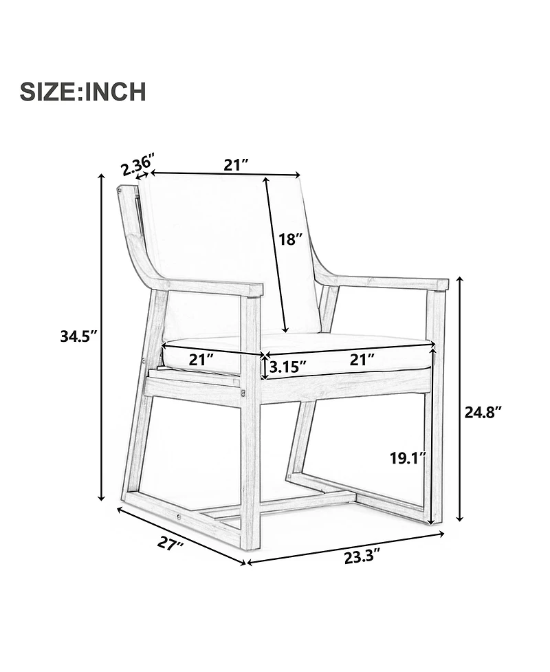 Rainsken Outdoor Dining Chair Set of 2, Sturdy Acacia Wood Armchairs with Curved Support and Removable Cushions for Patio, Garden and Poolside