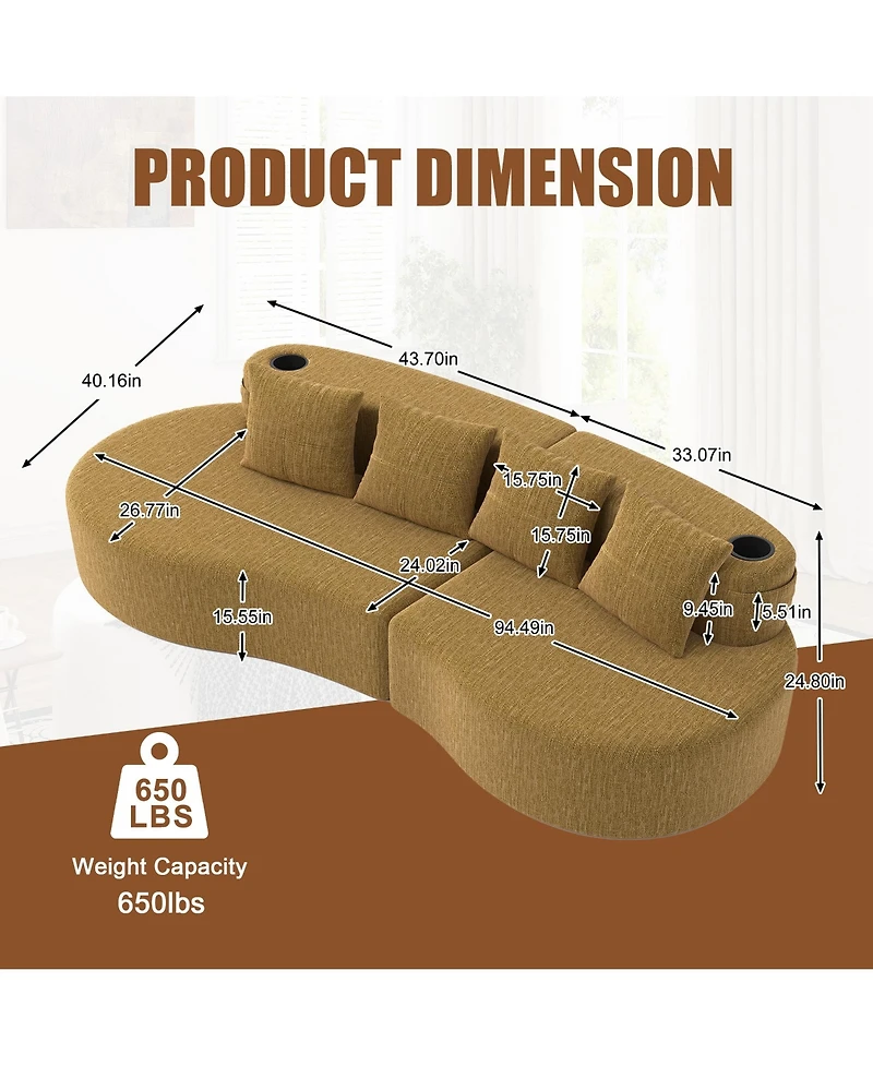 Rainsken Half Moon 3-Seater Sofa, Modern Modular Sectional Couch in Chenille Fabric, Featuring 2 Cup Holders and Side Storage Pockets for Home Use