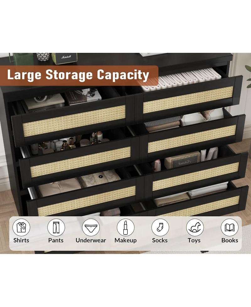 gaomon Bedroom 47.24 Inch 8 Drawer Rattan Dresser, Wooden Chest of Drawers with Farmhouse Storage