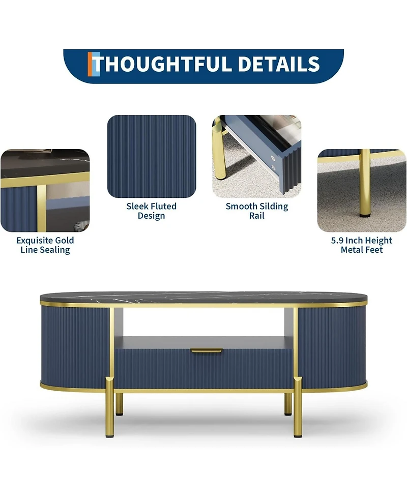 gaomon 48 in Oval Coffee Table, Modern Luxury Coffee Table with Curved Profile Design, Fluted Center Table with Faux Marble Top and Gold Metal Decor
