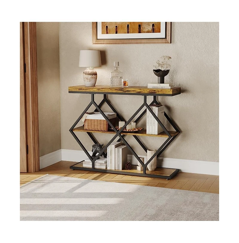 gaomon 3-Tier Industrial Entryway Table with Diamond-Shaped Metal Frame, Open Shelf Console Sofa Table for Living Room, Hallway, Foyer Storage
