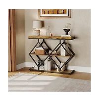 gaomon 3-Tier Industrial Entryway Table with Diamond-Shaped Metal Frame, Open Shelf Console Sofa Table for Living Room, Hallway, Foyer Storage