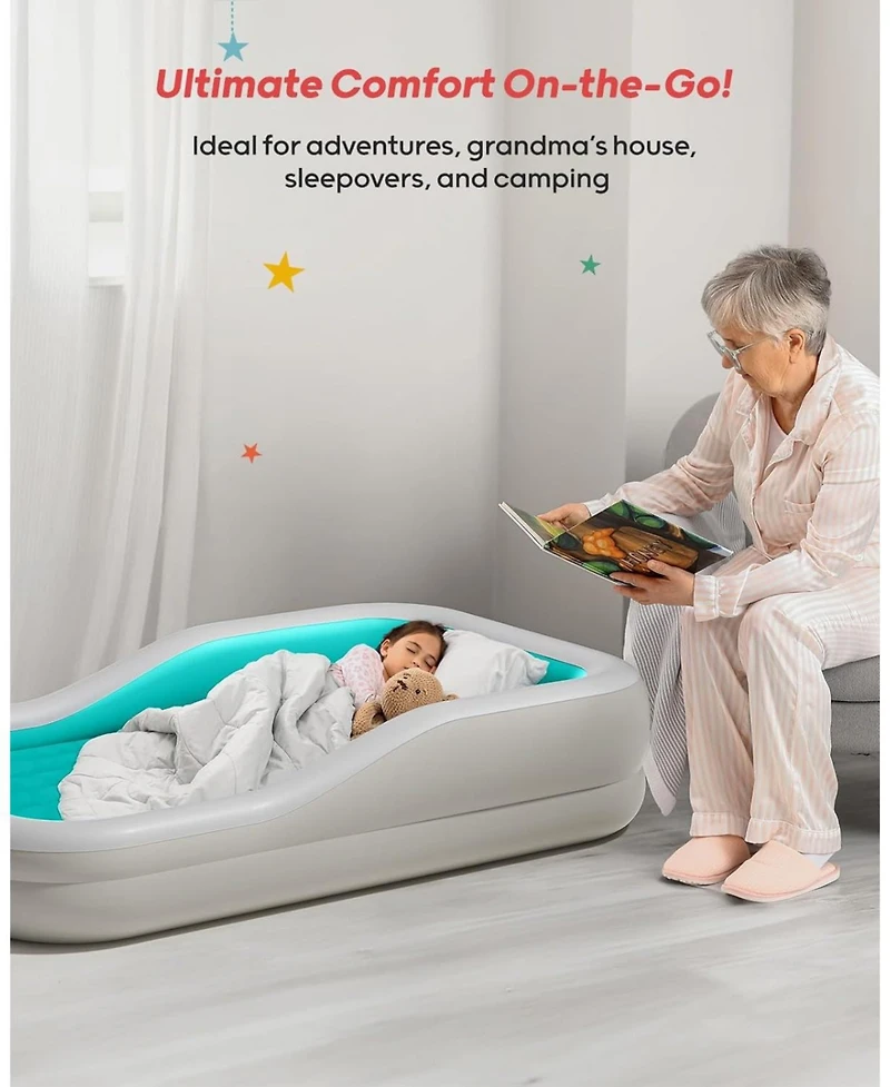 Qpau Inflatable Toddler Travel Bed with 3-Sided Safety Bumpers, Extra Large Kids Air Mattress, Includes Detachable Mattress, Portable