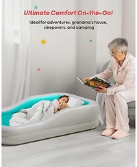Qpau Inflatable Toddler Travel Bed with 3-Sided Safety Bumpers, Extra Large Kids Air Mattress, Includes Detachable Mattress, Portable