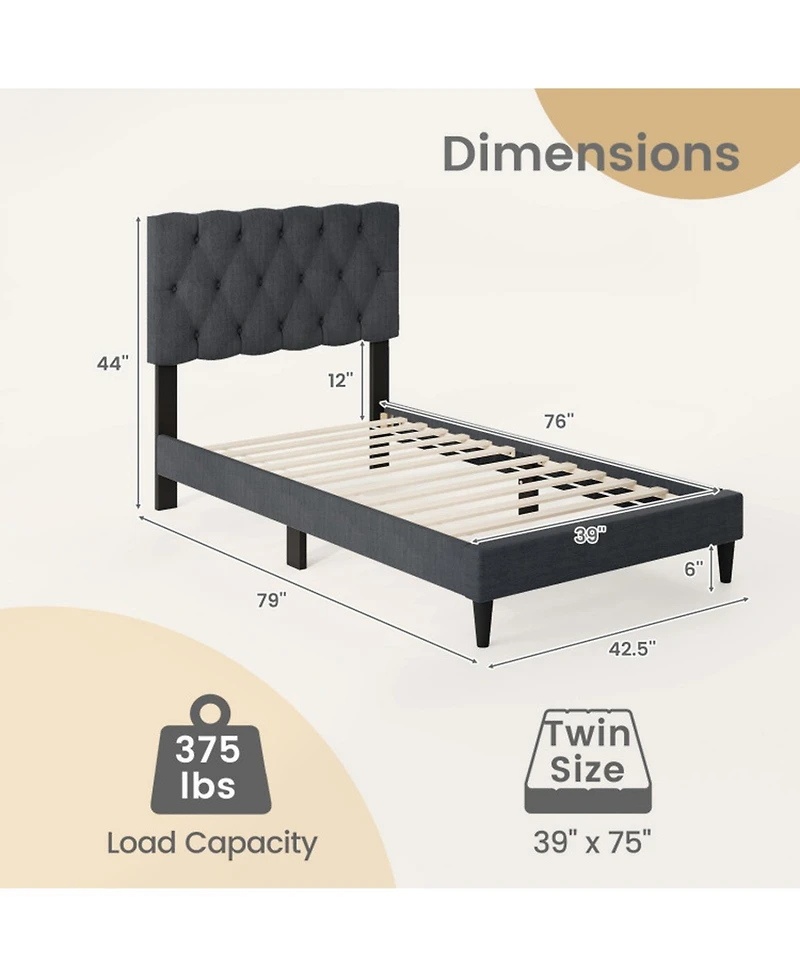 Gouun Twin Linen Upholstered Bed Frame with Tufted Headboard