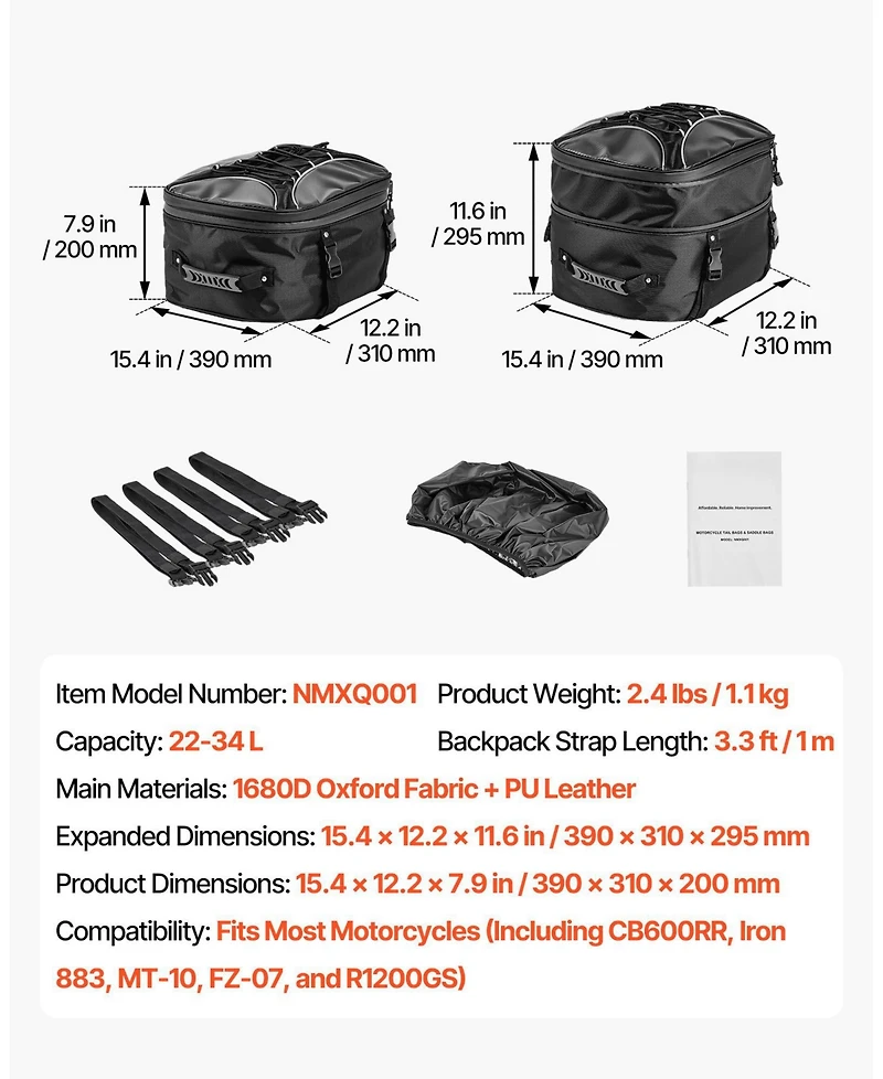 Mecale 22 to 34L Expandable Motorcycle Tail Bag with Waterproof Rain Cover