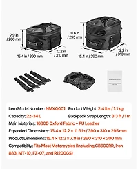 Mecale 22 to 34L Expandable Motorcycle Tail Bag with Waterproof Rain Cover