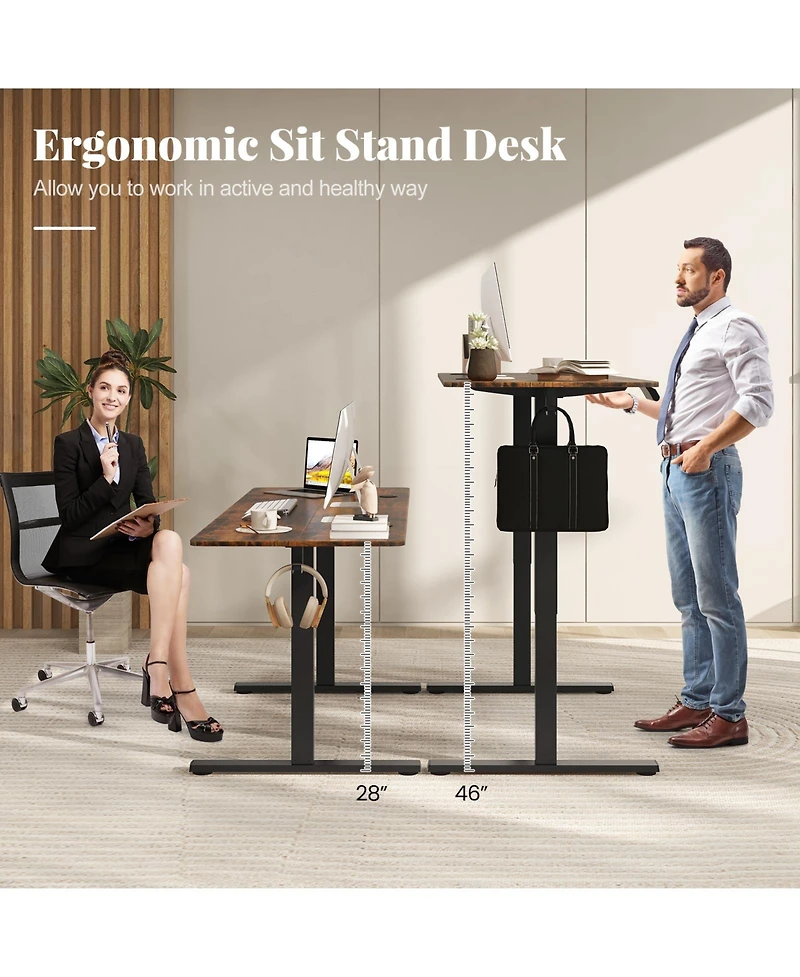Sugift Electric Standing Desk with 3 Memory Heights and 2 Hanging Hooks and Cable Holes-Rustic
