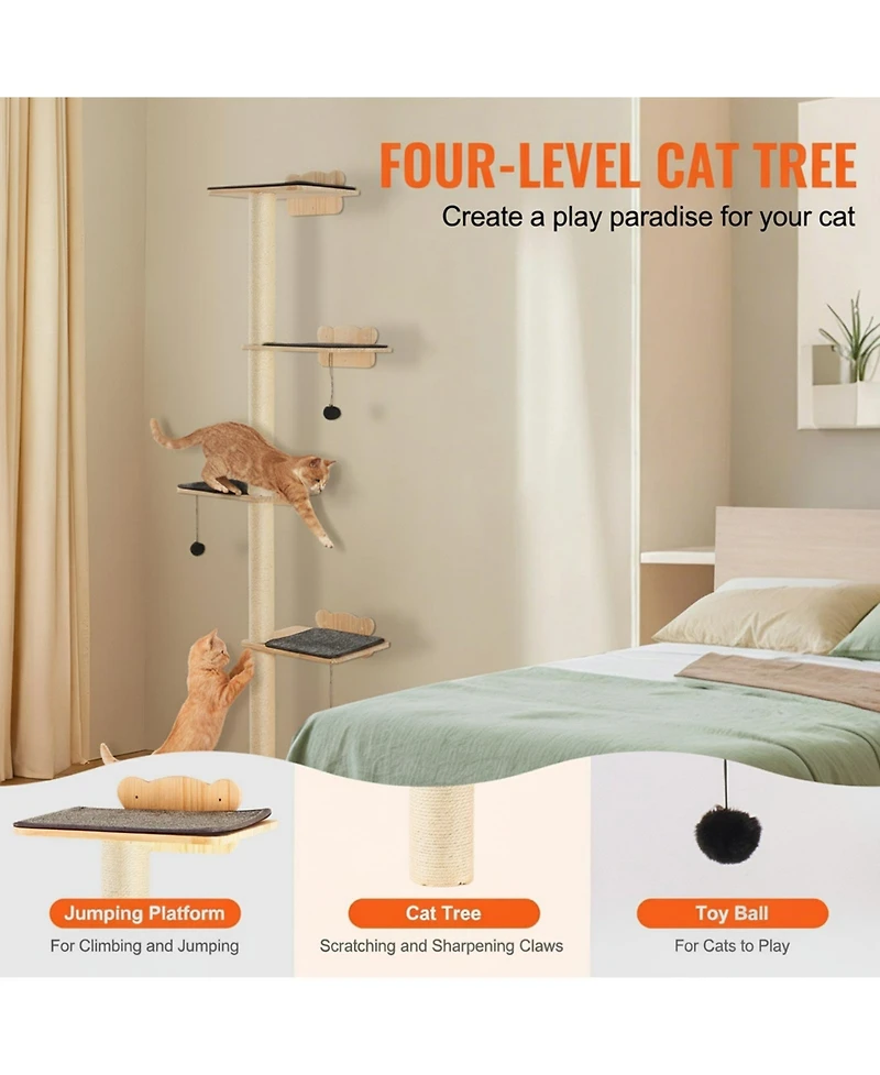 Gouun 4-Tier Wall Mounted Cat Shelves with Jumping Boards and Scratching Posts, Pine Wood Cat Climbing Furniture