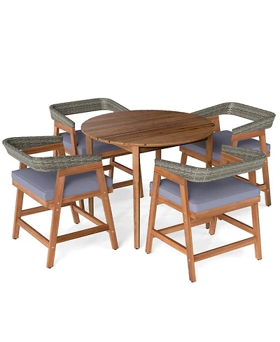 Gouun 5-Piece Acacia Wood and Pe Rattan Patio Dining Set with Cushions