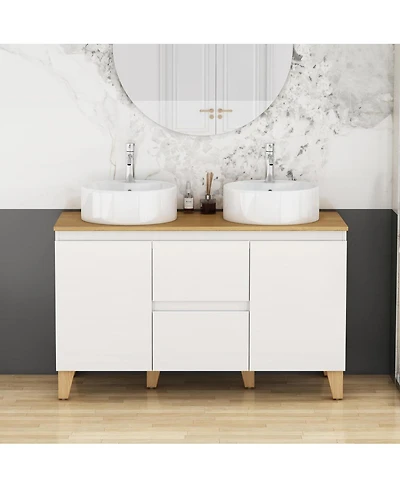 Sillysis Double Bathroom Vanity with Solid Wood Top, Round Ceramic Sinks, Glossy Cabinet, Soft-Close Storage for Large Spaces