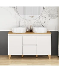 Sillysis Double Bathroom Vanity with Solid Wood Top, Round Ceramic Sinks, Glossy Cabinet, Soft-Close Storage for Large Spaces