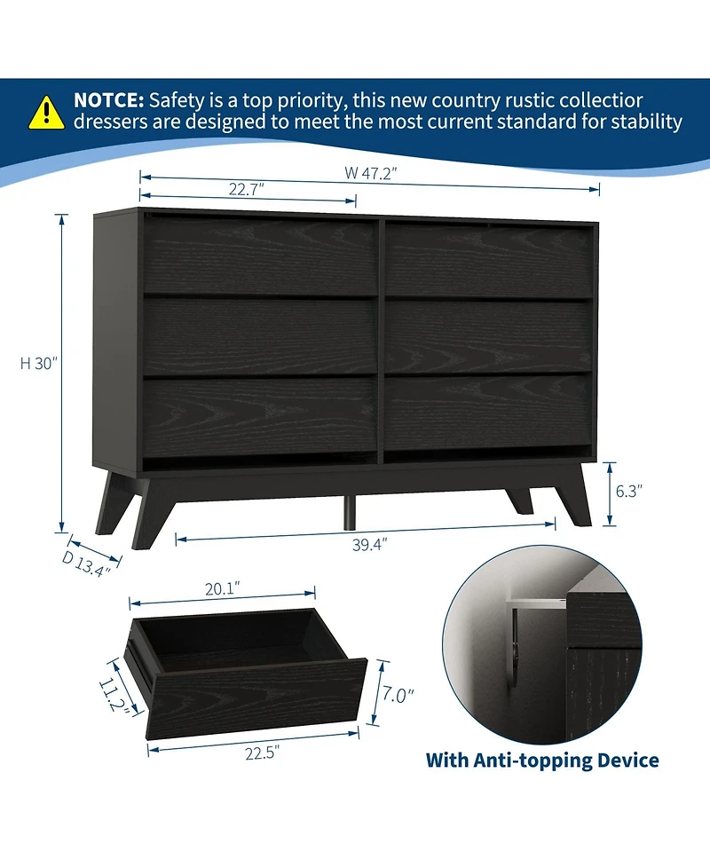 gaomon 6 Drawer Dresser, Large Wood Storage Organizer with Concealed Handles, Modern Farmhouse Chest.