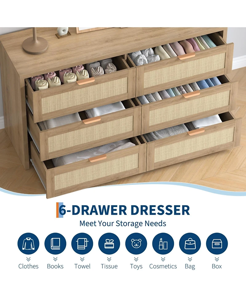 gaomon 56" 6 Drawer Dresser, Rattan Tv Stand with Casters, Boho Storage for Bedroom.