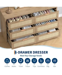 gaomon 56" 6 Drawer Dresser, Rattan Tv Stand with Casters, Boho Storage for Bedroom.