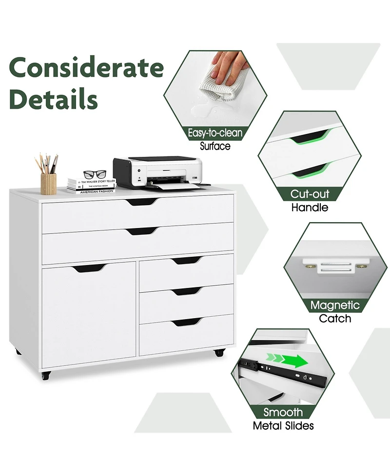 Sugift Modern Vertical 5-Drawer Mobile Chest with Door 5 Casters