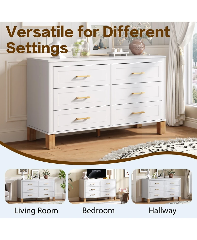 Rainsken Home Storage Chest of Drawers, Modern 6-Drawer Dresser with Metal Handles and Durable Solid Wood Legs for Bedroom