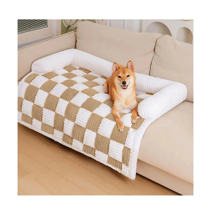 FunnyFuzzy Cream Square Plaid Cozy Dog Mat Furniture Protector Cover