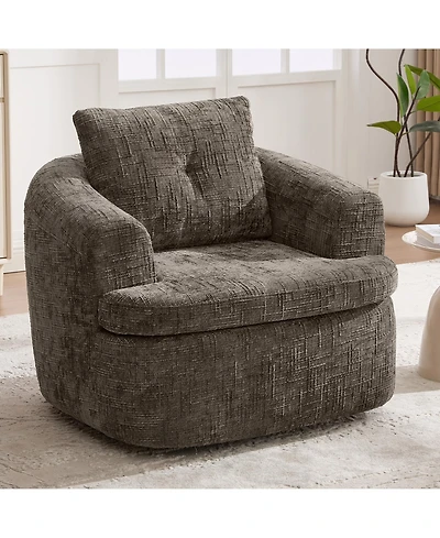 Rainsken Chenille Fabric 360degree(s) Swivel Round Chair, 36.6" Accent Barrel Sofa Chair with Dual-Layer Cushion for Living Room
