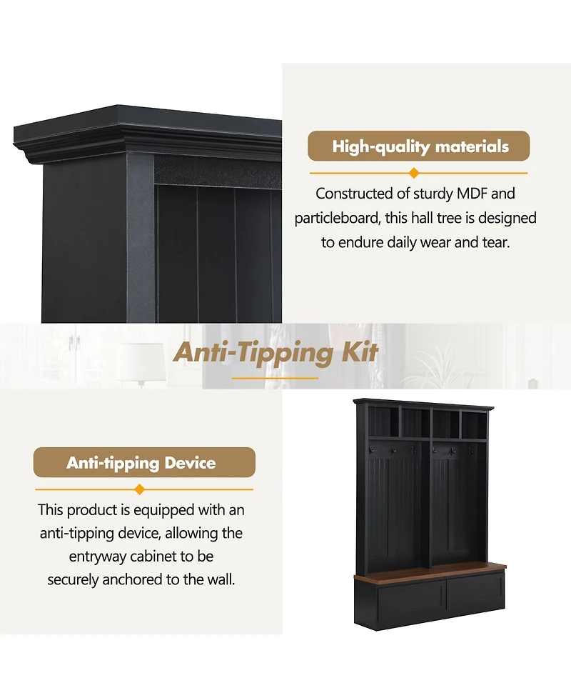 Rainsken Farmhouse Hall Tree, Versatile Coat Rack with Wood Grain Bench, 6 Hooks and 2 Storage Drawers, Entrance Organizer for Hallway, Living Room