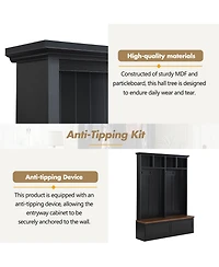 Rainsken Farmhouse Hall Tree, Versatile Coat Rack with Wood Grain Bench, 6 Hooks and 2 Storage Drawers, Entrance Organizer for Hallway, Living Room