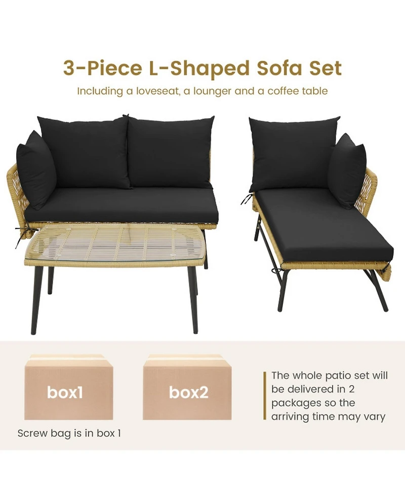 Gouun 3-Piece L-Shaped Pe Rattan Patio Sofa Set with Cushions and Glass Coffee Table