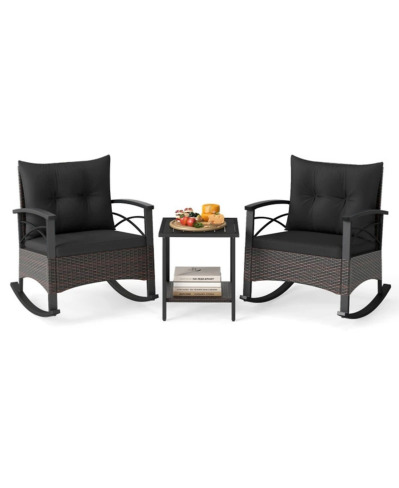 Gouun 3-Piece Rocking Patio Bistro Set Pe Rattan Chairs with Wood-Top Side Table