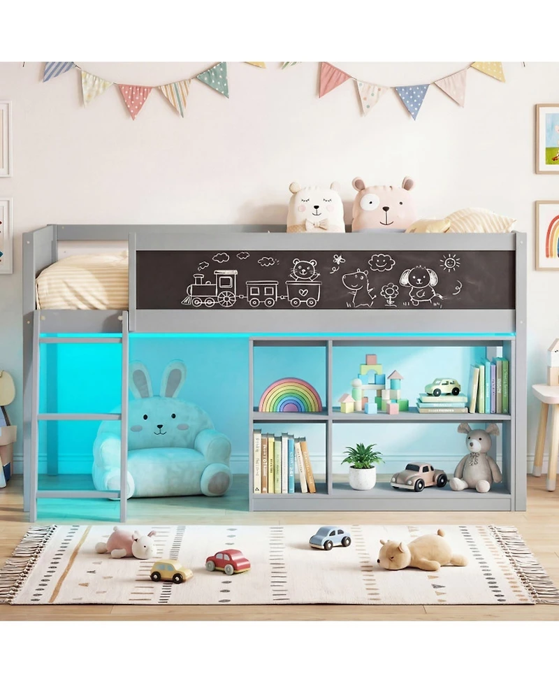 Gouun Twin Size Loft Bed with Led Lights and Storage Shelves