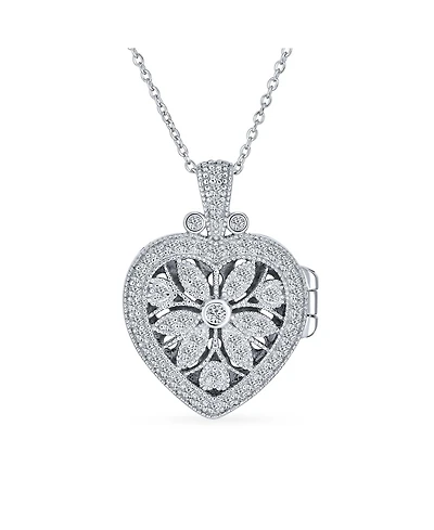 Bling Jewelry Vintage Style Keepsake Flower Heart Shape Photo Locket Pendant Necklace Sterling Silver