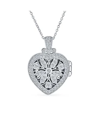 Bling Jewelry Vintage Style Keepsake Flower Heart Shape Photo Locket Pendant Necklace Sterling Silver