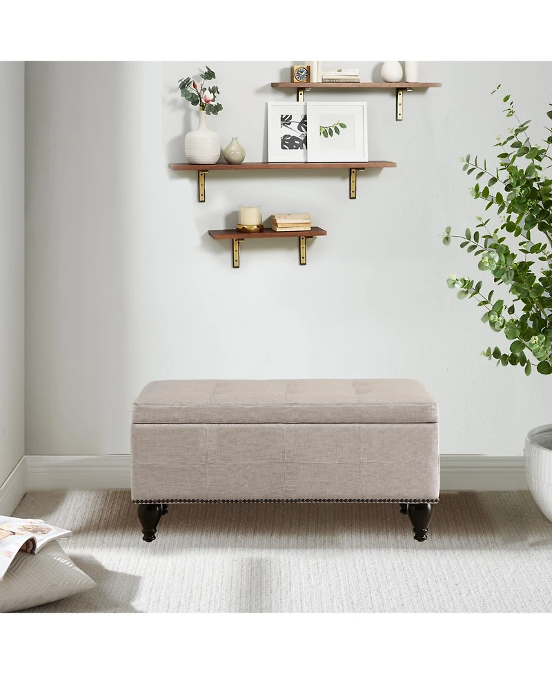 Boyel Living Linen Nailhead Accent Stool with Dark Wooden Legs, Versatile Shoe Bench and Seating