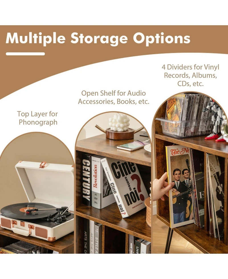 Gouun Record Player Stand Featuring Charging Station and 3-Tier Vinyl Storage