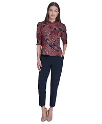 Tommy Hilfiger Women's Paisley Print Ruffle Neck Button Up Blouse