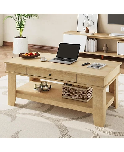 gaomon Light Wood Coffee Table with Drawer, 47.2" Center Table with Storage Shelf, Rustic Coffee Tables Long Living Room Furniture