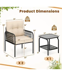 Gouun 3-Piece Pe Wicker Patio Bistro Set with Cushions and Glass Coffee Table