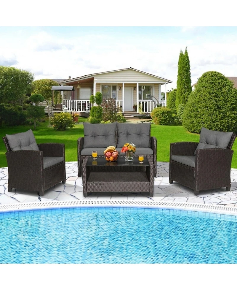 Gouun 4-Piece Wicker Rattan Patio Conversation Set with Loveseat and Glass Coffee Table