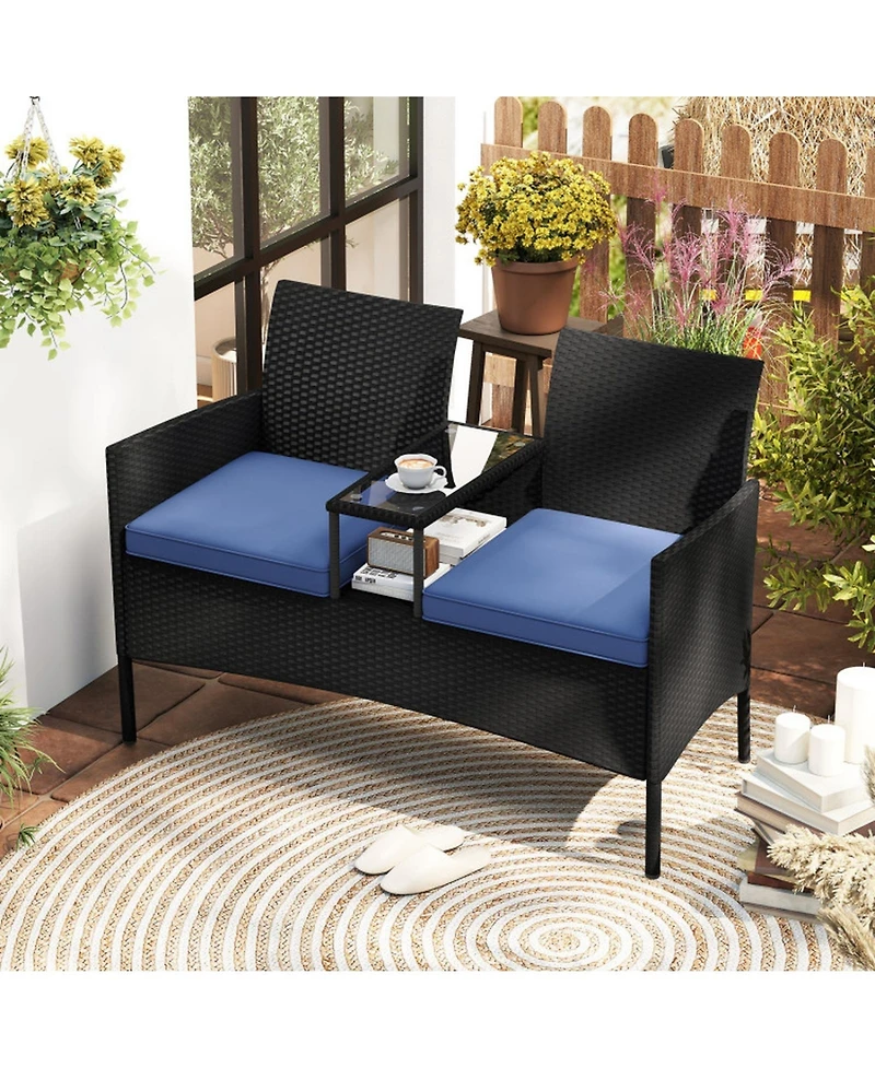 Gouun Pe Rattan Patio Loveseat with Built-In Tempered Glass Table and Cushions