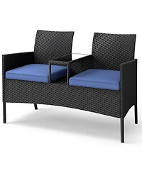 Gouun Pe Rattan Patio Loveseat with Built-In Tempered Glass Table and Cushions