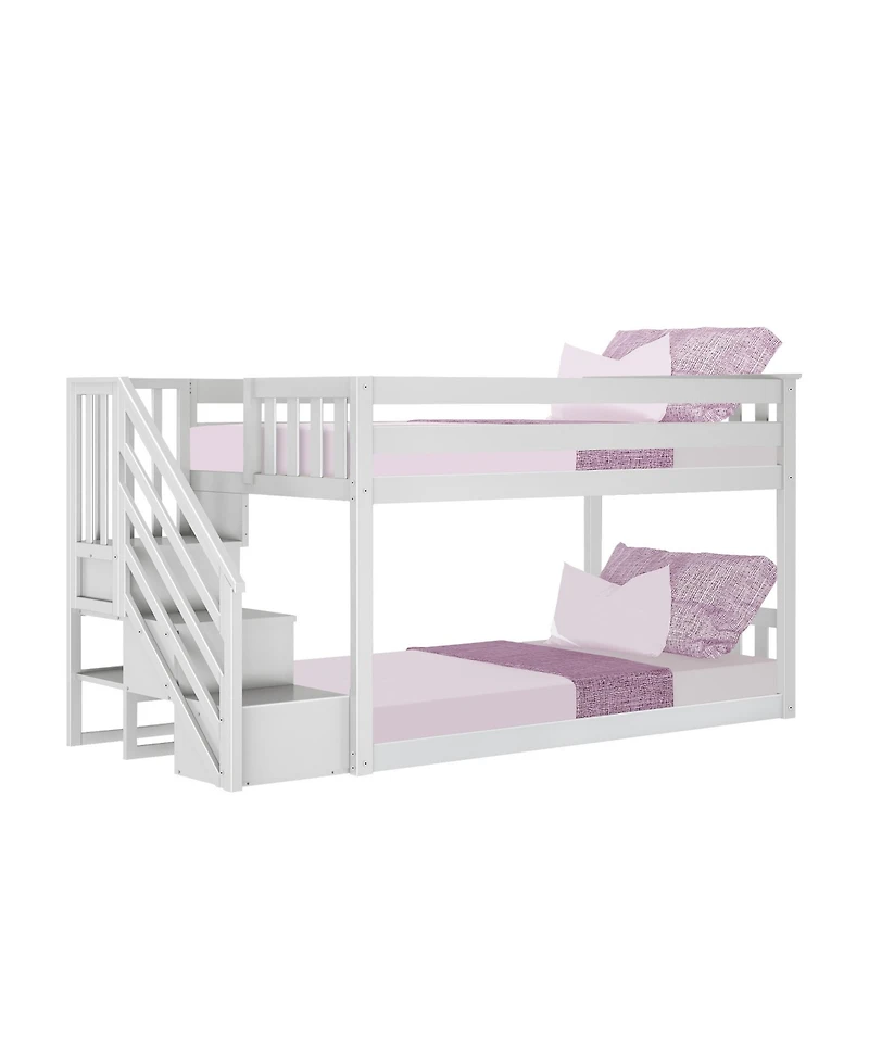 Max & Lily Solid Wood Twin over Twin Low Bunk Bed for Kids with Staircase
