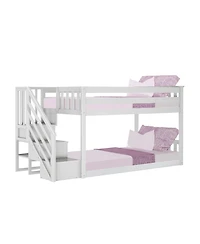 Max & Lily Solid Wood Twin over Twin Low Bunk Bed for Kids with Staircase