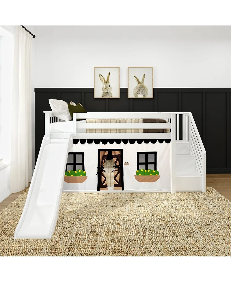 Max & Lily Low Twin over Twin Bunk With Stairs, Easy Slide Farmhouse Curtain