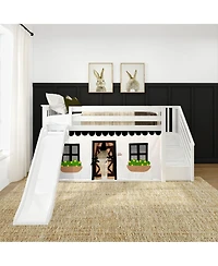 Max & Lily Low Twin over Twin Bunk With Stairs, Easy Slide Farmhouse Curtain