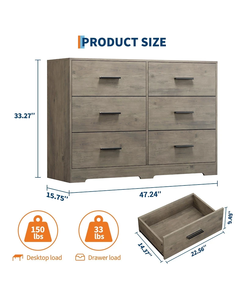 gaomon Bedroom 6 Drawer Double Dresser, Wood Look Chest of Drawers with Deep Storage, Anti-Tip Design, Metal Handles