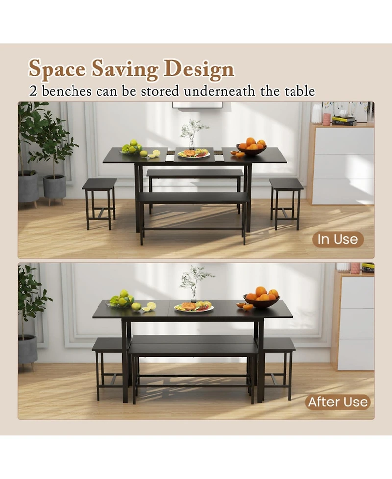 Gouun 5-Piece Expandable Dining Table Set with Benches and Stools, Seats 4 to 6