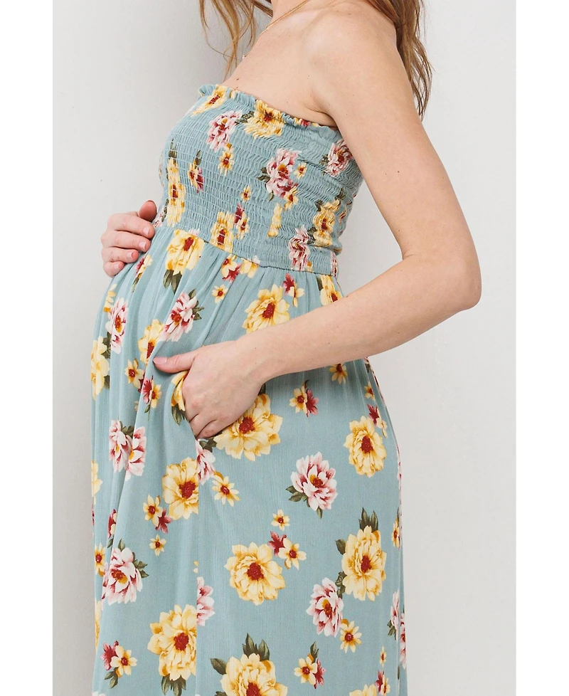 Hello Miz Maternity Floral Smocked Strapless Midi Dress