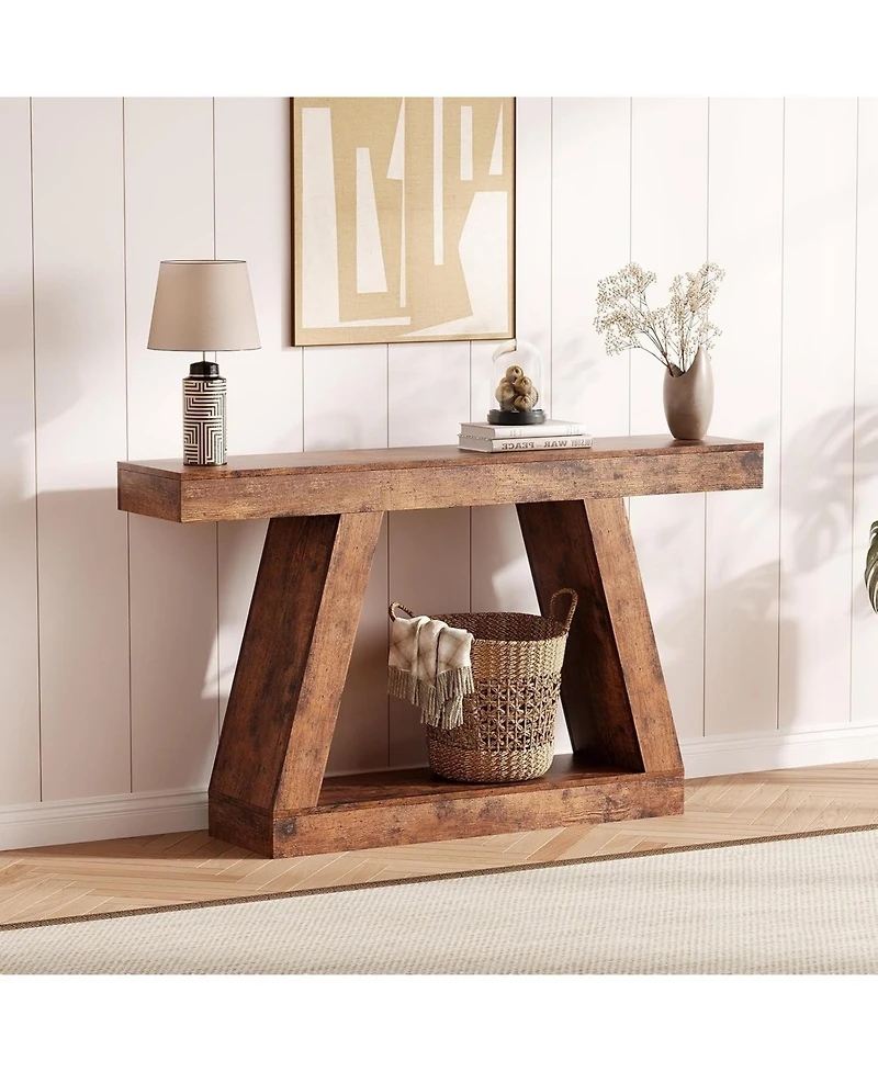 gaomon Farmhouse Console Table with Trapezium Design - 55" Wooden Sofa Table with Open Storage Shelf, Industrial Entryway Table for Living Room