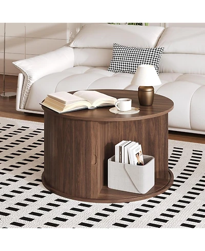 gaomon 28" Round Coffee Table with Storage, Mid Century Modern Fluted Accent Table with Sliding Tambour Door for Living Room