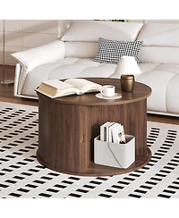 gaomon 28" Round Coffee Table with Storage, Mid Century Modern Fluted Accent Table with Sliding Tambour Door for Living Room