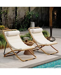 Rainsken 2-Piece Foldable Rattan Lounge Chair Set, Outdoor Reclining Chair with Adjustable Backrest, Thick Cushion and Removable Headrest for Beach